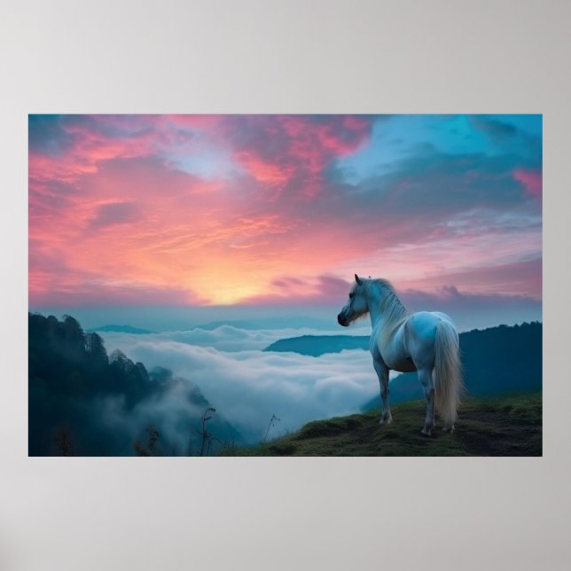 Majestic White Horse in the Mountain at Sunrise Poster (Front)