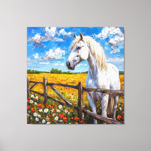 Majestic White Horse Standing by Rustic Fence Canvas Print