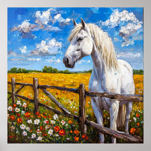 Majestic White Horse Standing by Rustic Fence Poster