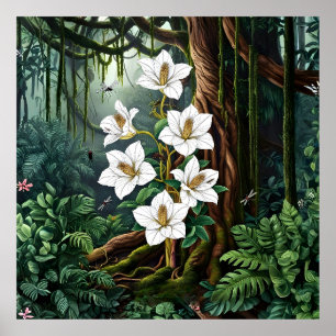 Majestic White Lily in Enchanted Jungle Art Poster