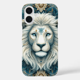 Majestic White Lion Teal Blue Floral  iPhone 16 Case