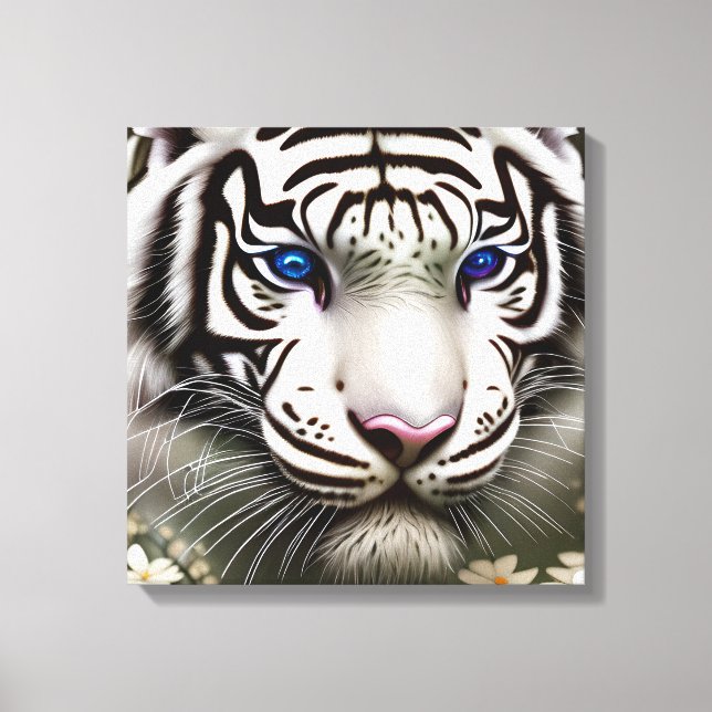 Majestic White Tiger Blue Eyes Art Canvas Print (Front)
