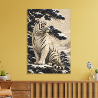 Majestic White Tiger in Snowy Mountains – Pine For Canvas Print