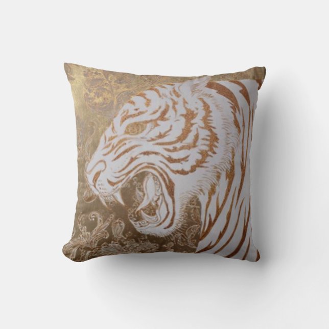 Majestic White Tiger Throw Pillow – Baroque Luxury (Front)