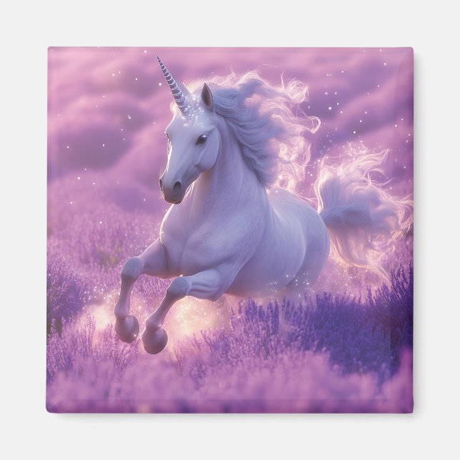 Majestic White Unicorn Galloping Through Lavender  Magnet (Front)