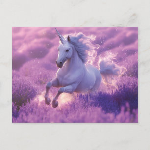 Majestic White Unicorn Galloping Through Lavender  Postcard