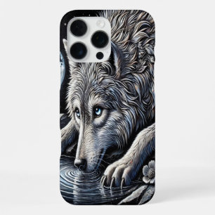 Majestic White Wolf Gazing at Moonlit Reflection iPhone 16 Pro Max Case