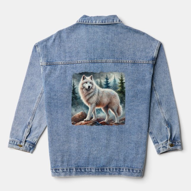  Majestic White Wolf in a Winter Forest Denim Jacket (Back)