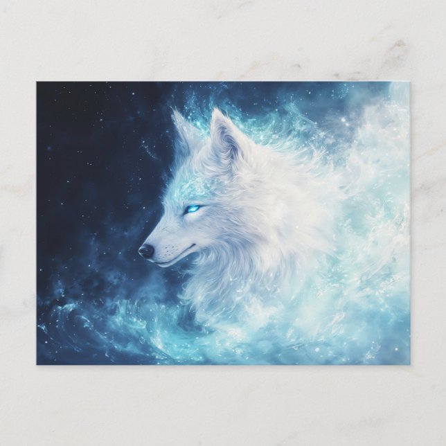 Majestic White Wolf in Luminous Blue Nebula Postcard (Front)
