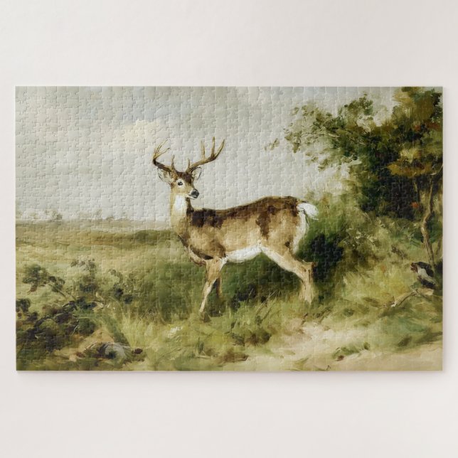 Majestic Whitetail Deer Oil Painting Landscape Jigsaw Puzzle (Horizontal)