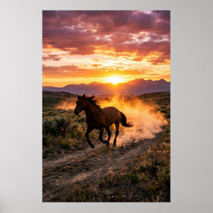 Majestic Wild Horse Sunset Poster   Luxury Western