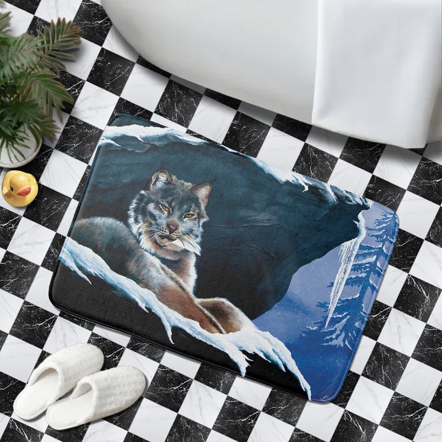 Majestic Winter Lynx Resting Snowy Mountain Bath Mat (Creator Uploaded)