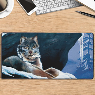 Majestic Winter Lynx Resting Snowy Mountain Desk Mat