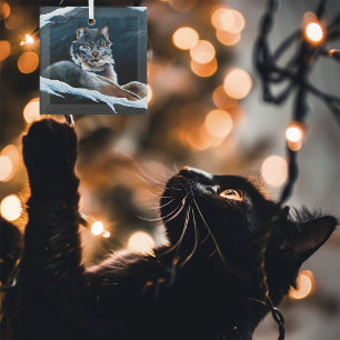 Majestic Winter Lynx Resting Snowy Mountain Glass Tree Decoration