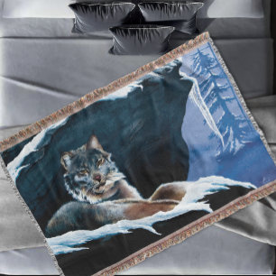 Majestic Winter Lynx Resting Snowy Mountain Throw Blanket