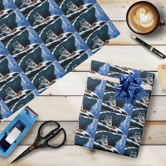 Majestic Winter Lynx Resting Snowy Mountain Wrapping Paper (Creator Uploaded)