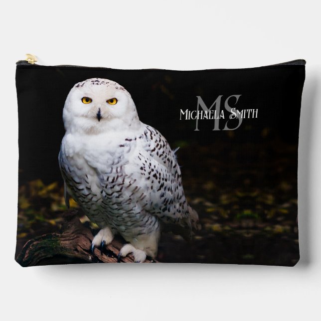 Majestic winter snowy owl monogram custom name accessory pouch (Front)