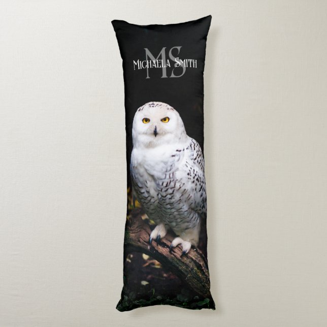 Majestic winter snowy owl monogram custom name body cushion (Back (Vertical))