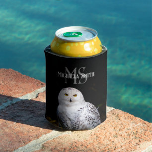 Majestic winter snowy owl monogram custom name can cooler