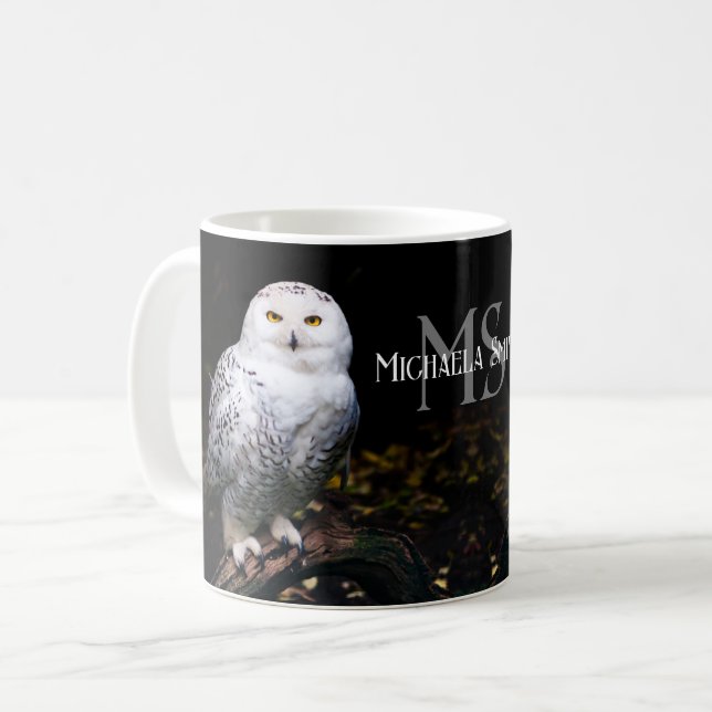 Majestic winter snowy owl monogram custom name coffee mug (Front Left)
