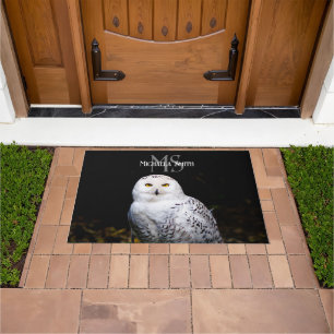 Majestic winter snowy owl monogram custom name doormat