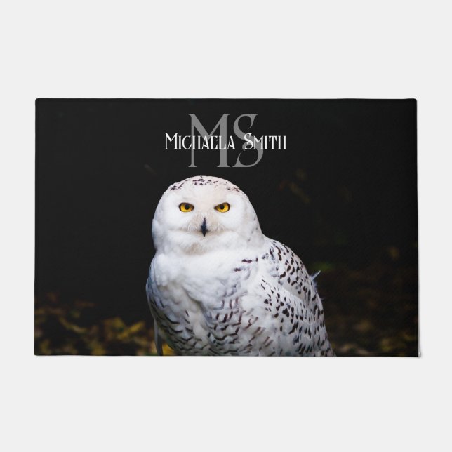 Majestic winter snowy owl monogram custom name doormat (Front)