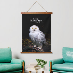 Majestic winter snowy owl monogram custom name hanging tapestry