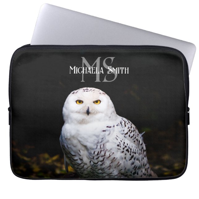 Majestic winter snowy owl monogram custom name laptop sleeve (Front)