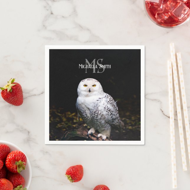 Majestic winter snowy owl monogram custom name napkin (Insitu)