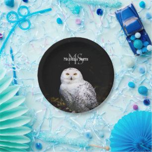 Majestic winter snowy owl monogram custom name paper plate