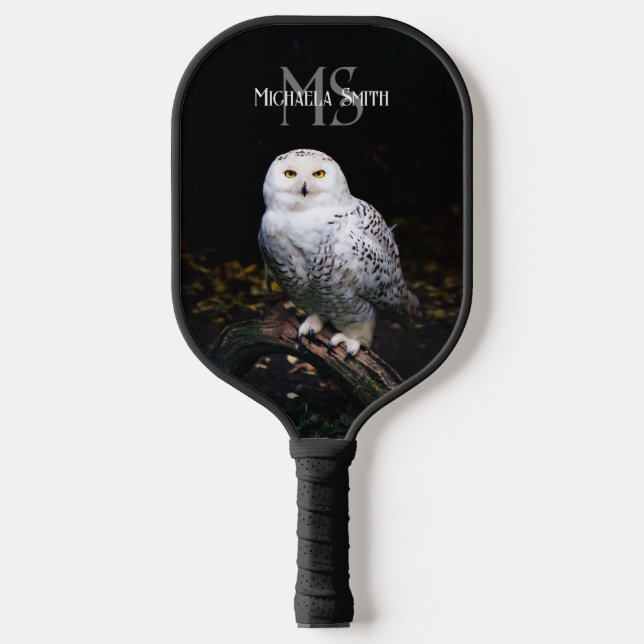 Majestic winter snowy owl monogram custom name pickleball paddle (Front)