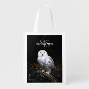 Majestic winter snowy owl monogram custom name reusable grocery bag