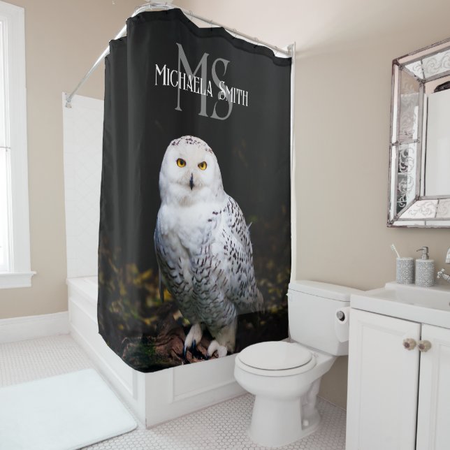 Majestic winter snowy owl monogram custom name shower curtain (In Situ)