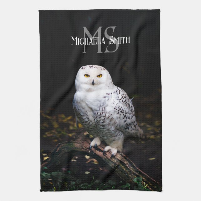 Majestic winter snowy owl monogram custom name tea towel (Vertical)