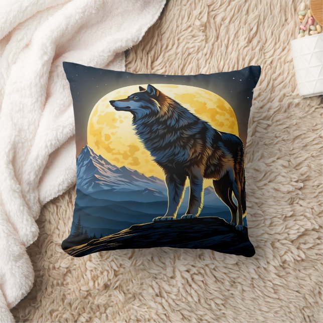 Majestic Wolf Against Moonlit Peaks.  Cushion (Blanket)