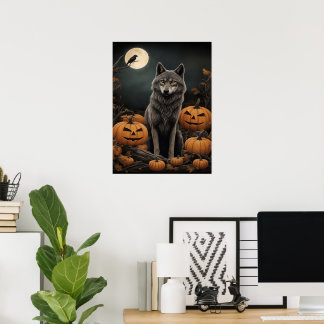 Majestic Wolf and Pumpkins Under the Moonlight Poster
