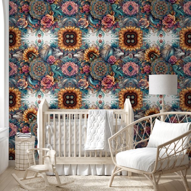 Majestic Wolf & Boho Sunflowers Wallpaper (Kids)