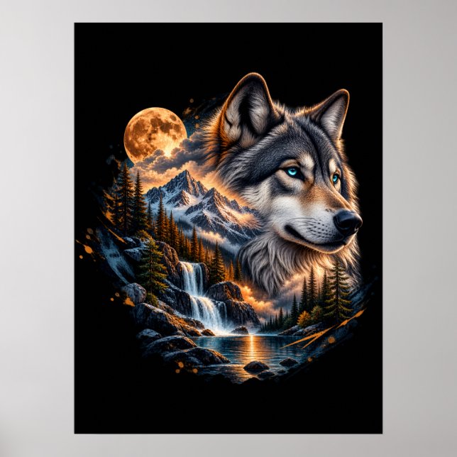 Majestic Wolf Full Moon Wilderness Poster (Front)