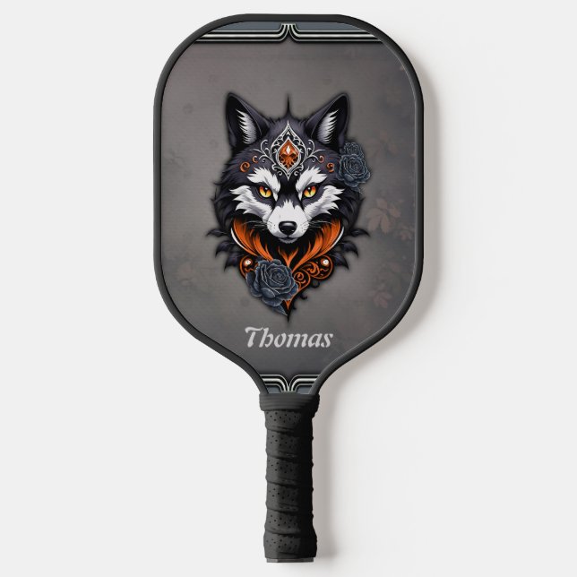 Majestic wolf head, finished in a deep, pickleball paddle (Front)