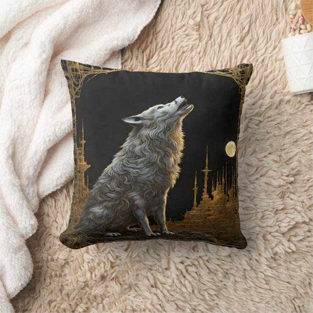 Majestic Wolf Howling at a Distant Moonlit City Cushion (Blanket)