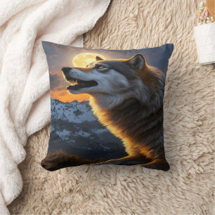 Majestic Wolf Howling Under Full Moon at Dusk Cushion