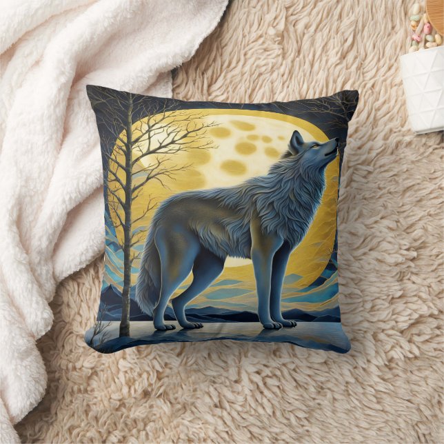Majestic Wolf Howls Under Full Moon at Night Cushion (Blanket)