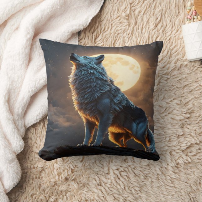 Majestic Wolf Howls Under Full Moonlit Sky Cushion (Blanket)
