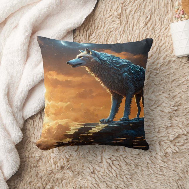 Majestic Wolf on Rocky Cliff at Dusk Cushion (Blanket)
