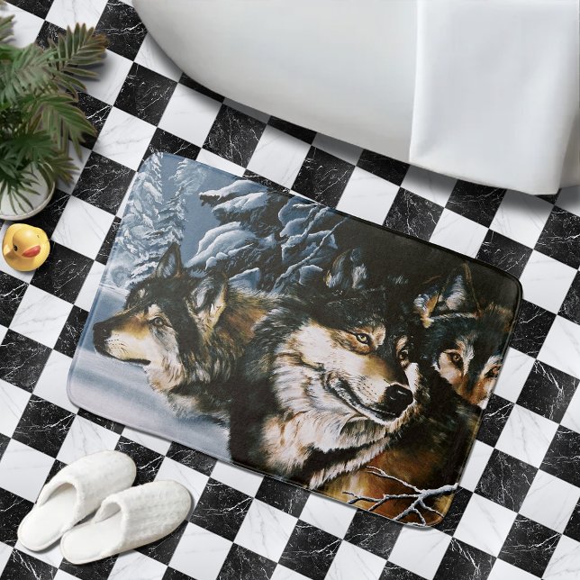 Majestic Wolf Pack Winter Snow Forest Wildlife Bath Mat (Creator Uploaded)