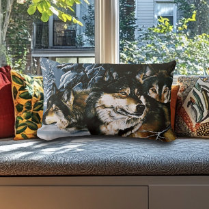 Majestic Wolf Pack Winter Snow Forest Wildlife Lumbar Cushion