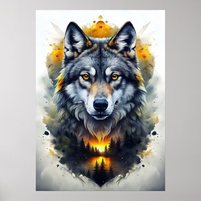 Majestic Wolf Portrait in Abstract Art Poster (Front)