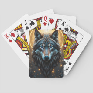 Majestic Wolf Portrait with Golden Aura Playing Cards