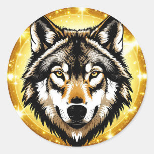 Majestic Wolf Portrait with Golden Background Classic Round Sticker
