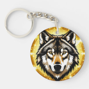 Majestic Wolf Portrait with Golden Background Key Ring